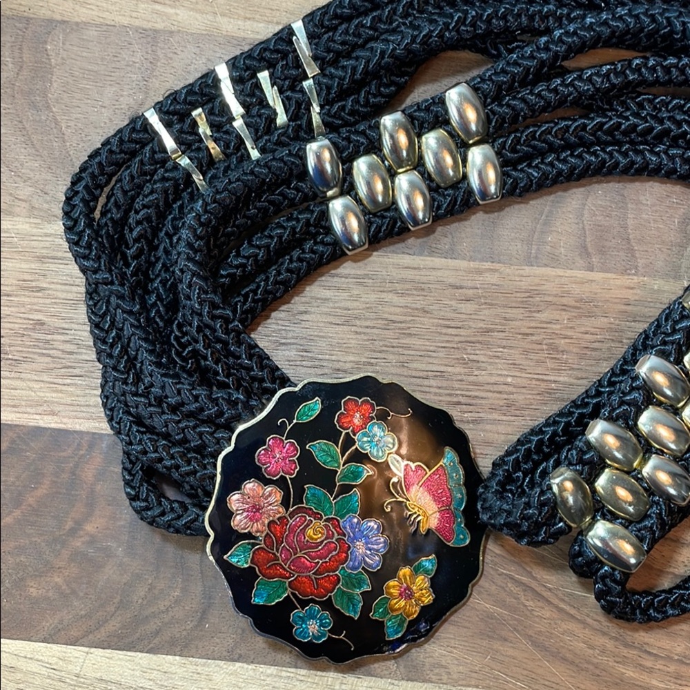 Vtg Yen Cloisonne Floral Enamel Buckle Belt Black Braided Statement Unique Artsy